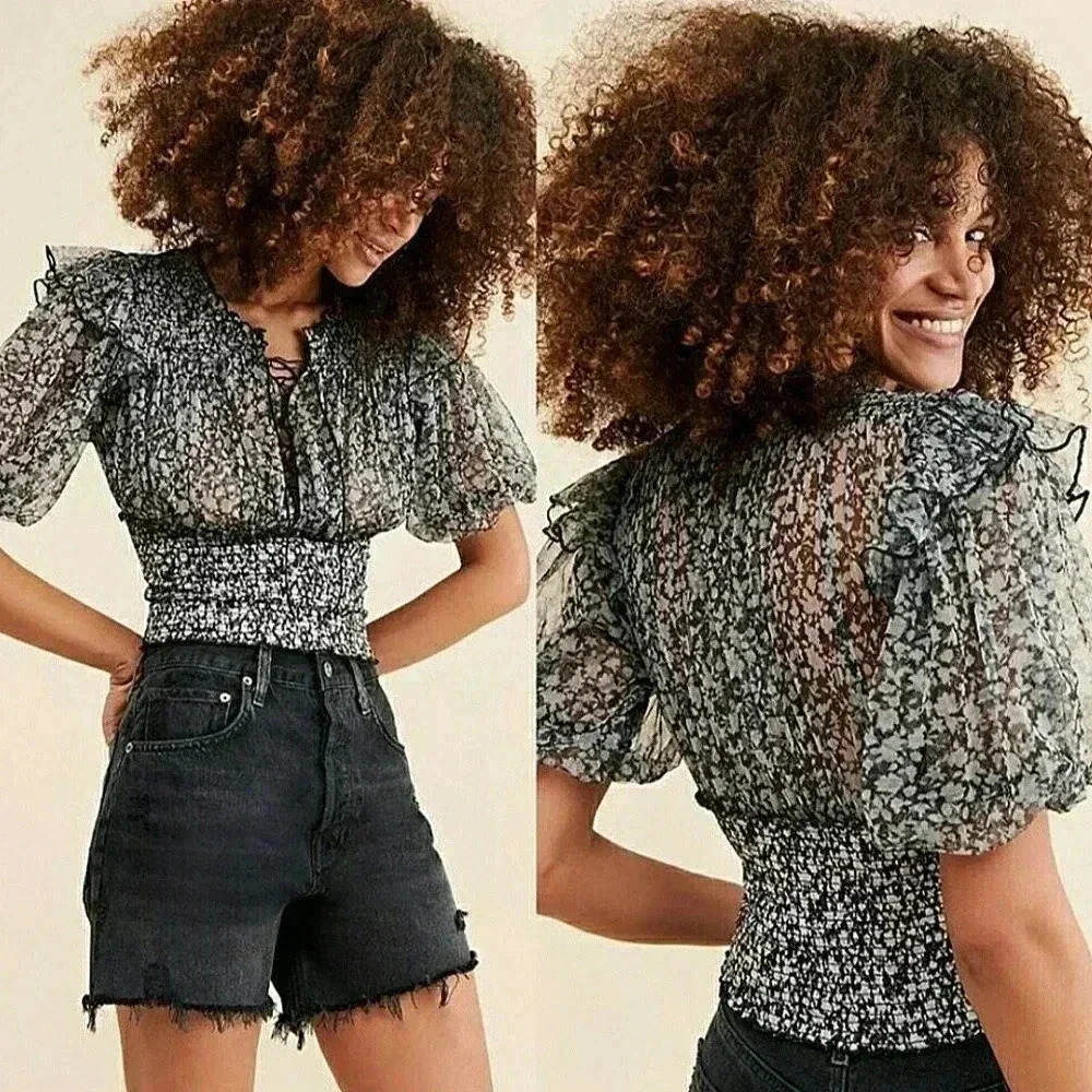 NWT Free People Beatrice Lace-Up Top Black Combo Print Sheer Smocked Puff Sleeve